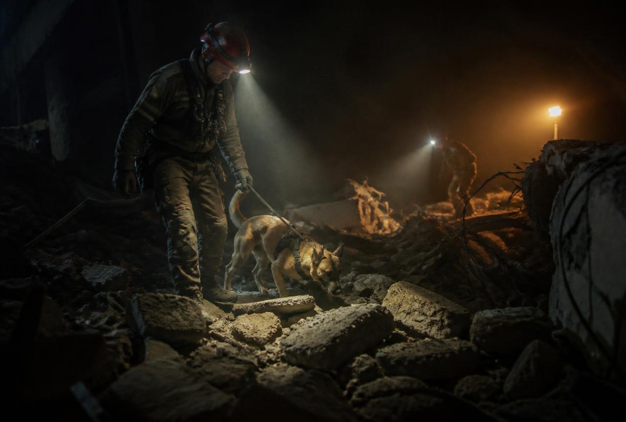 Binomio canino buscando entre los escombros durante la noche